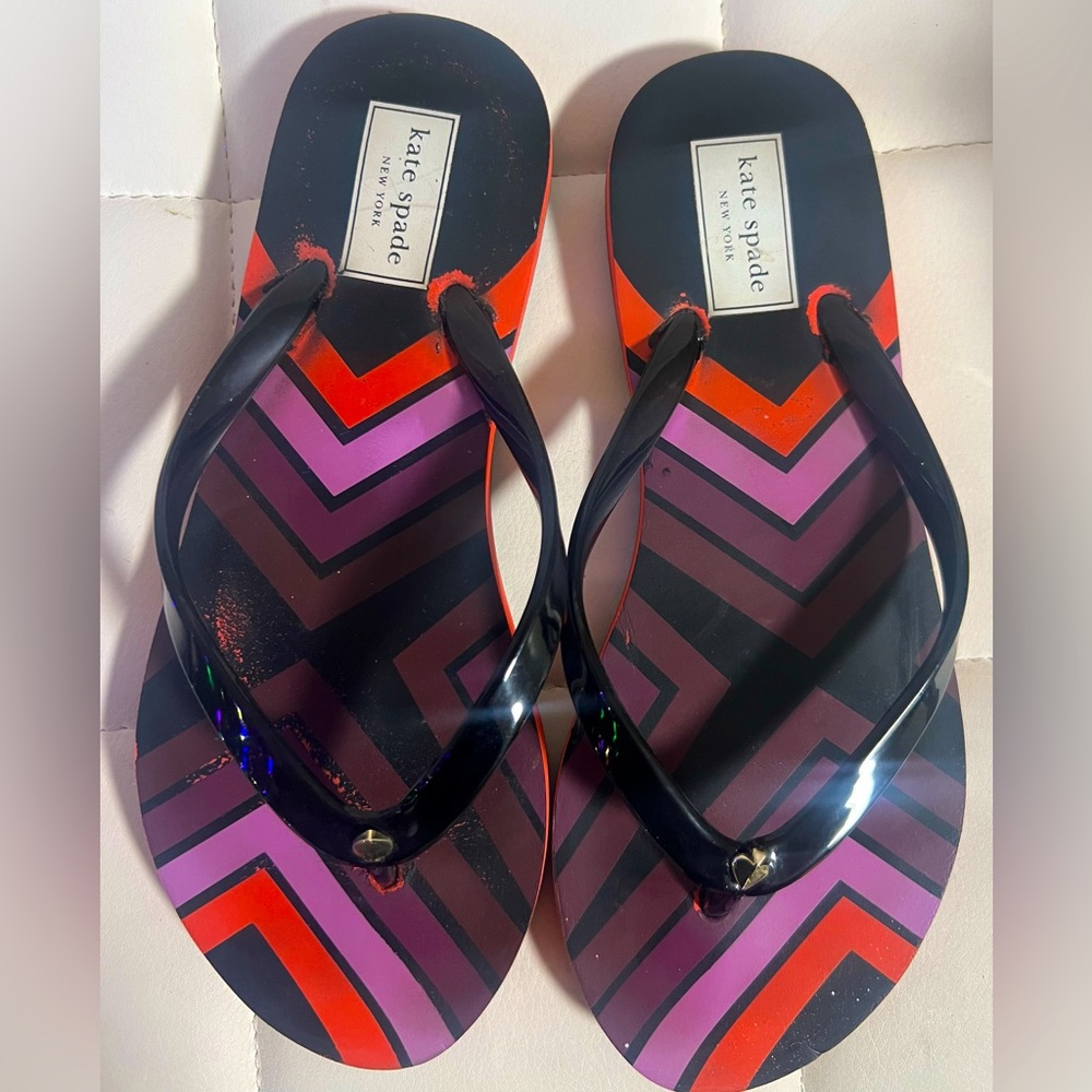 Kate Spade NY Manette Black Multi Striped Flip Flops Womens size 6